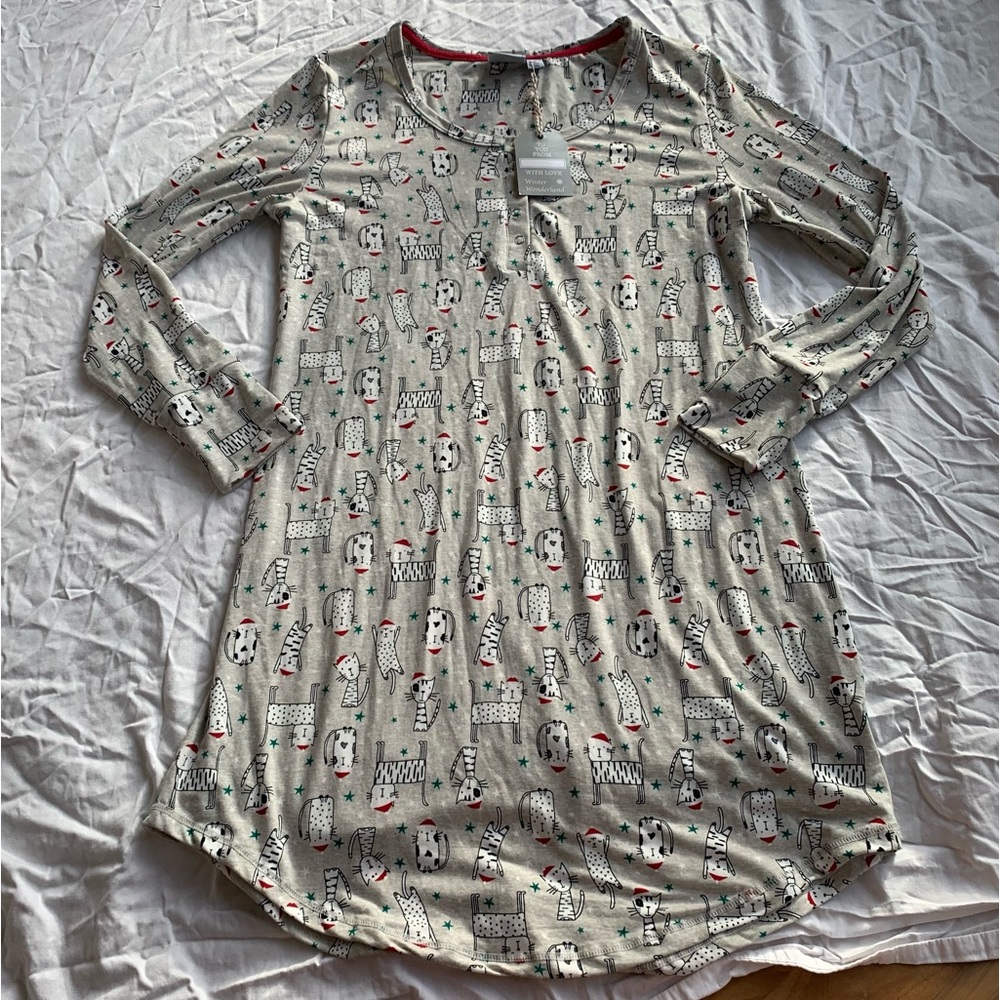 BNWT Winter Wonderland Christmas Santa Cat PJ Long Sleeve Nightie Dress Size M
